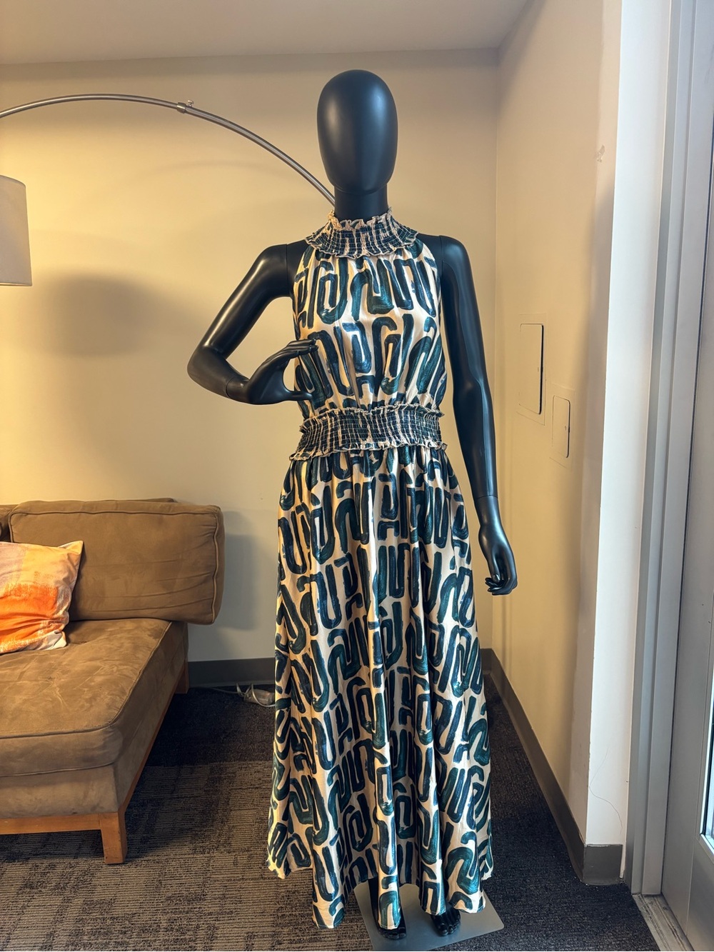 MELLODAY Sleeveless Teal & Cream Smocked Waist Maxi Dress
